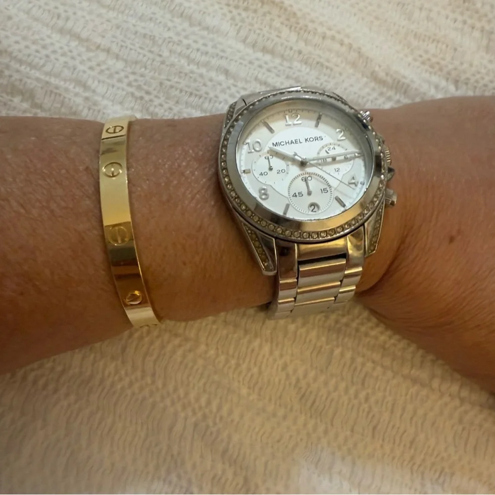 Michael Kors Silver Chronograph Watch with Crystal Bezel